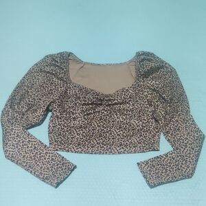 Leopard Print Long-Sleeve Crop Top - Brown